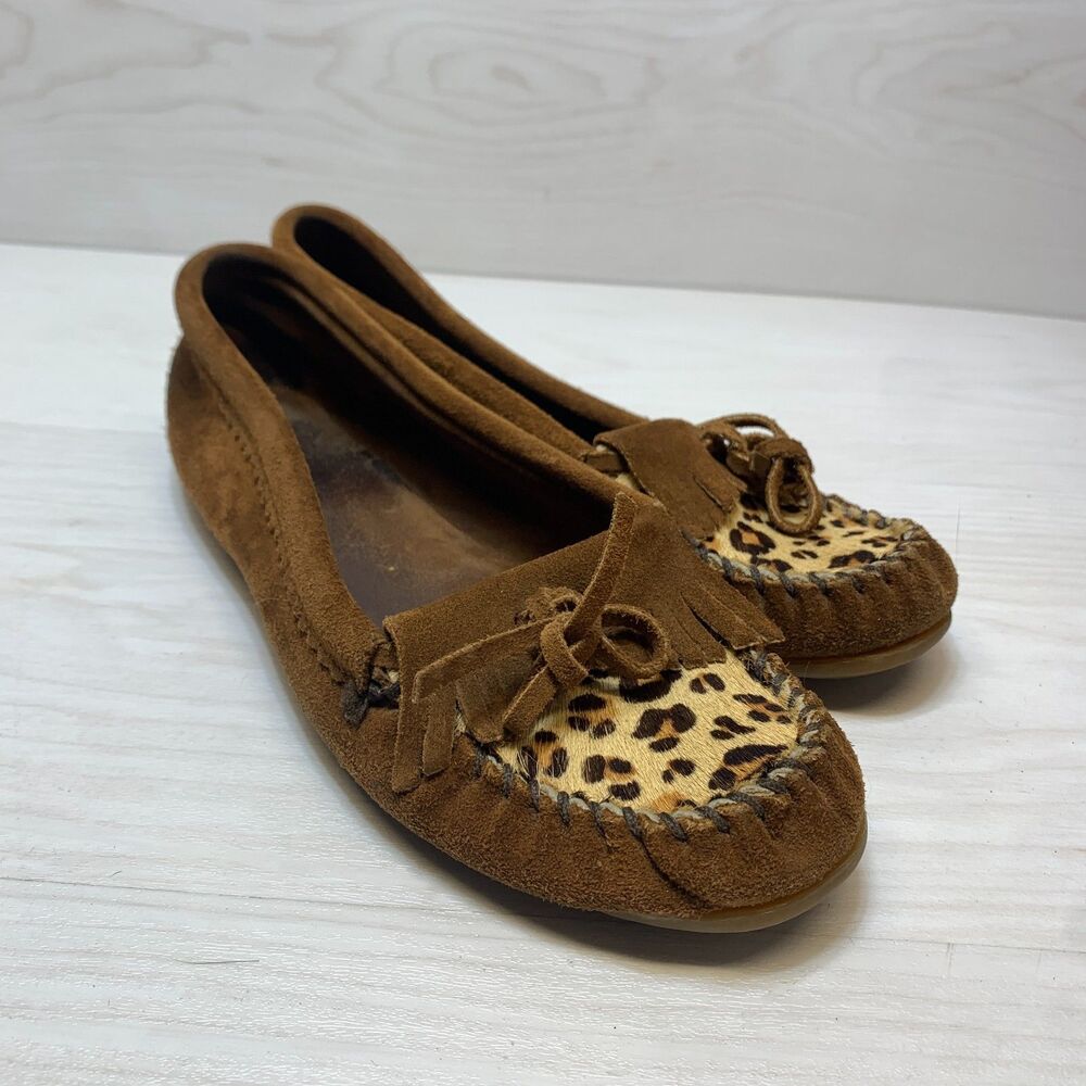 Minnetonka Leopard Kilty Moccasins Flats Women's Size‎ 11 Brown Suede Calf Hair